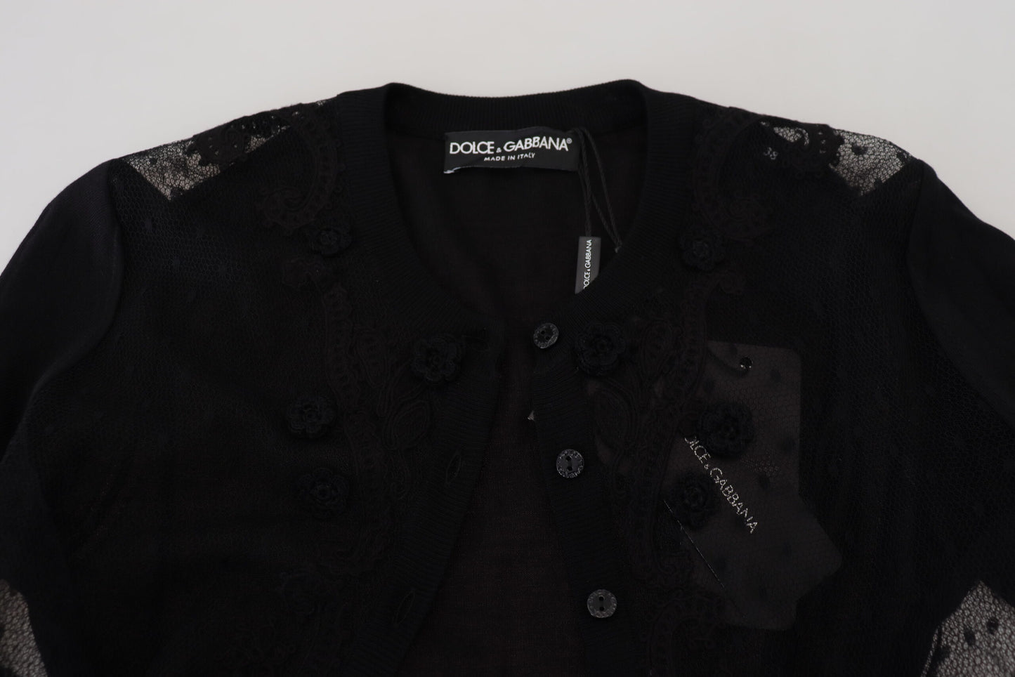 Dolce & Gabbana – Schwarzer Cardigan mit Blumenspitze und Knöpfen