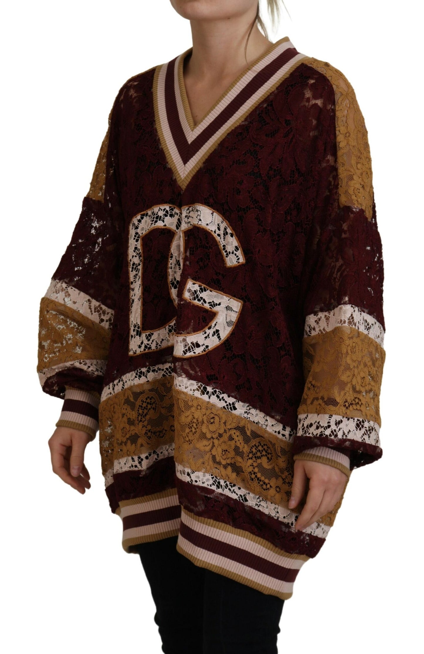 Dolce & Gabbana Mehrfarbiger Pullover mit V-Ausschnitt aus Spitze