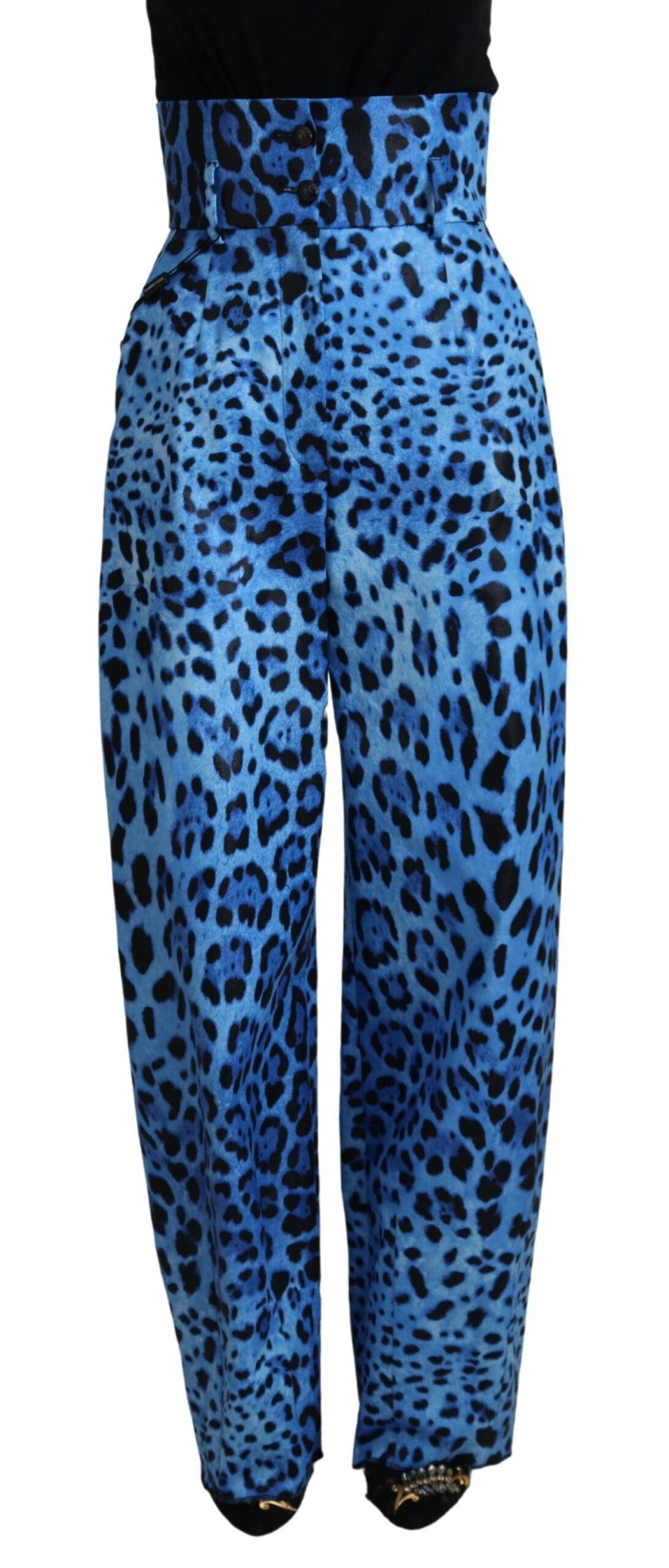 Dolce & Gabbana – Blaue Hose mit hohem Bund und Leopardenmuster