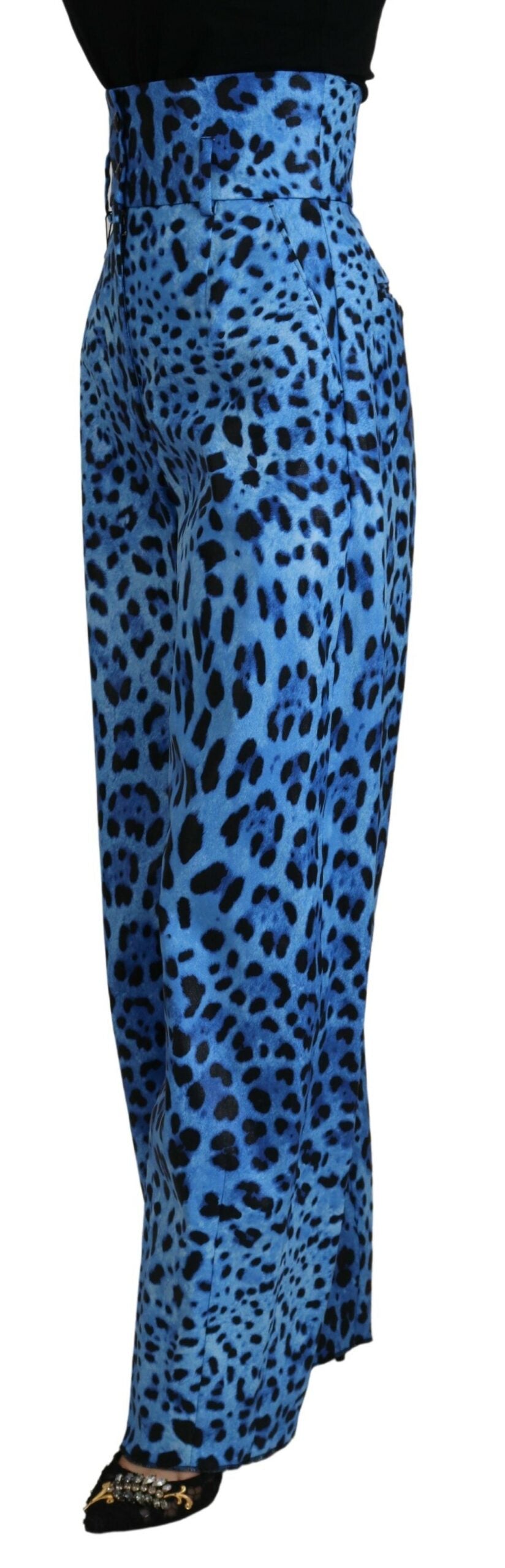 Dolce & Gabbana – Blaue Hose mit hohem Bund und Leopardenmuster