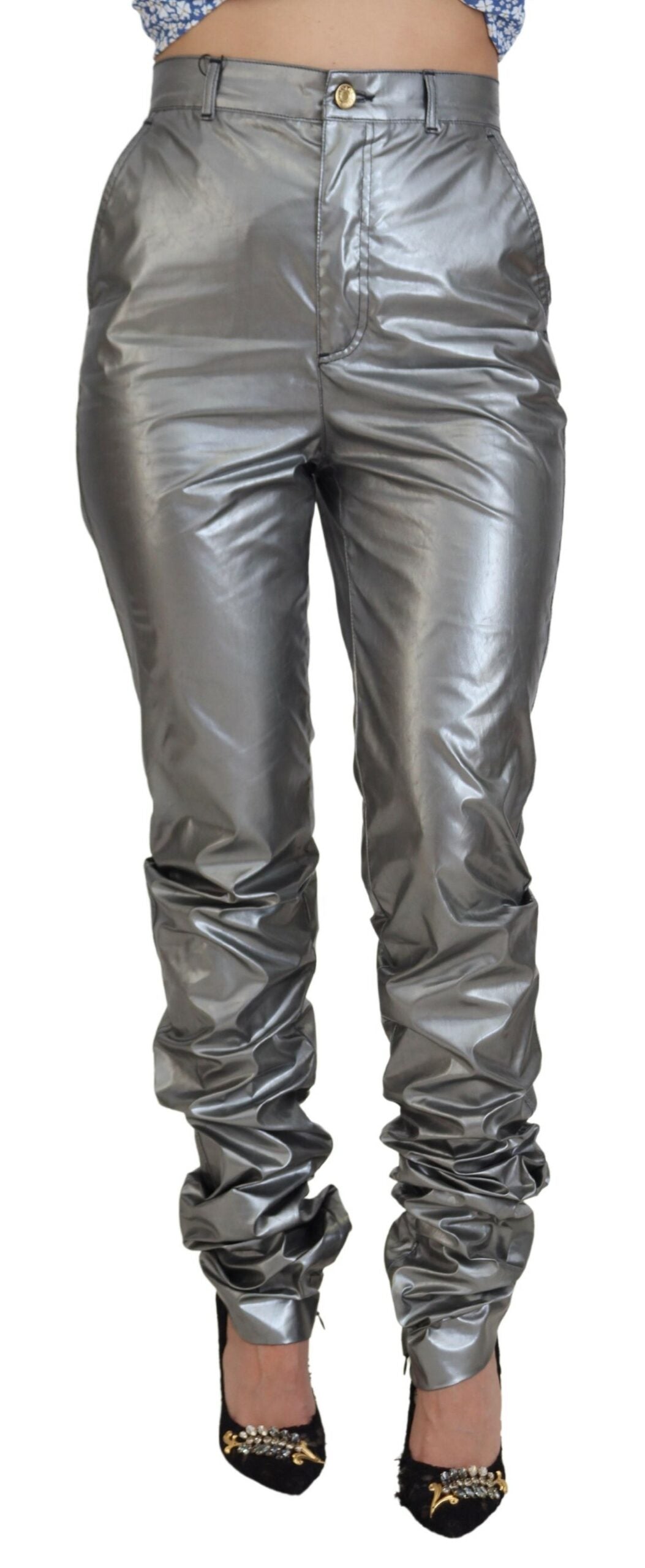 Dolce & Gabbana – Enge Hose mit hoher Taille in Metallic-Silber