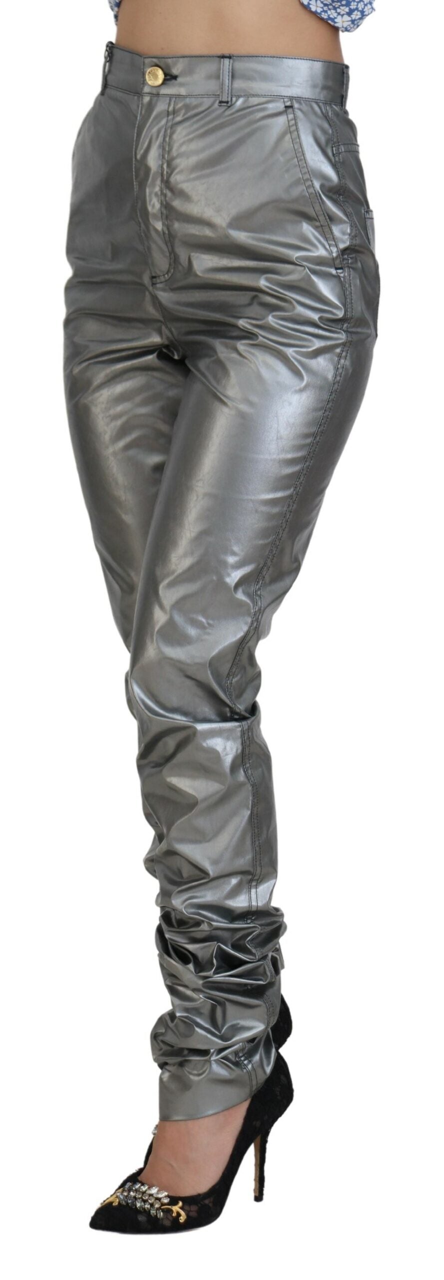 Dolce & Gabbana – Enge Hose mit hoher Taille in Metallic-Silber