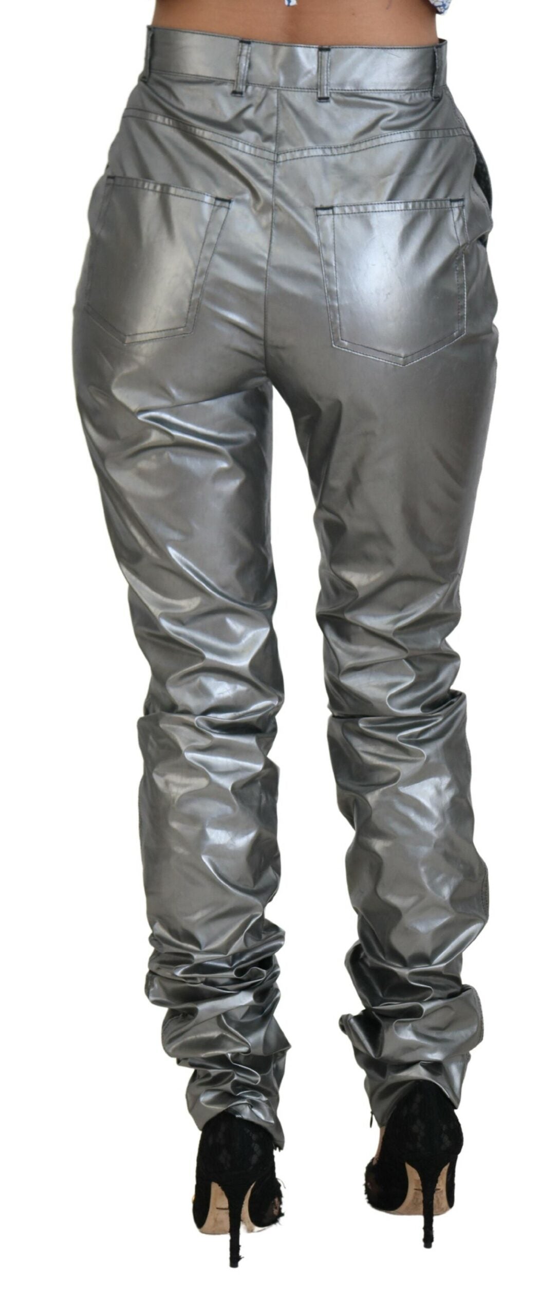 Dolce & Gabbana – Enge Hose mit hoher Taille in Metallic-Silber