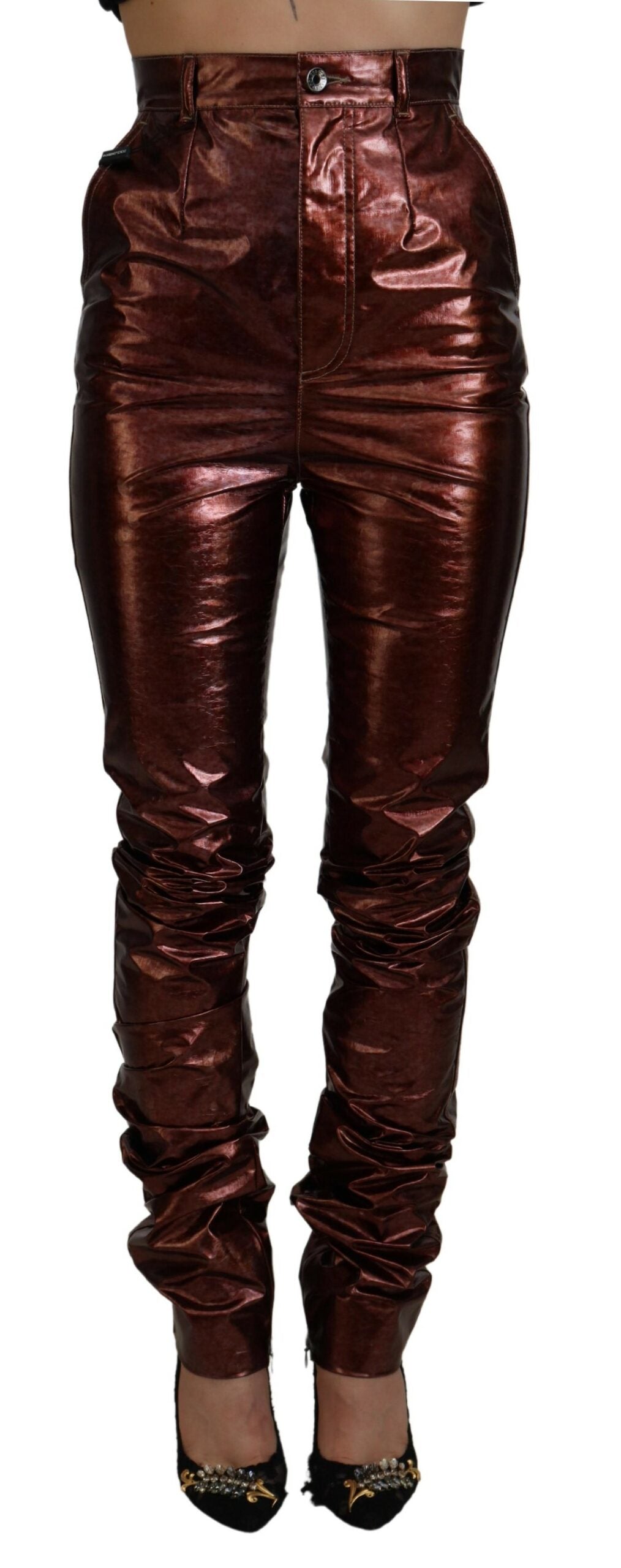 Dolce & Gabbana – Enge Jeans mit hoher Taille in Metallic-Bronze