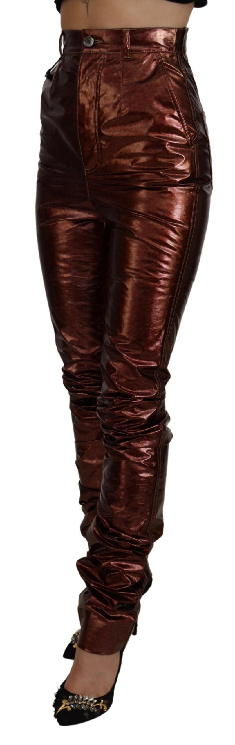 Dolce & Gabbana – Enge Jeans mit hoher Taille in Metallic-Bronze