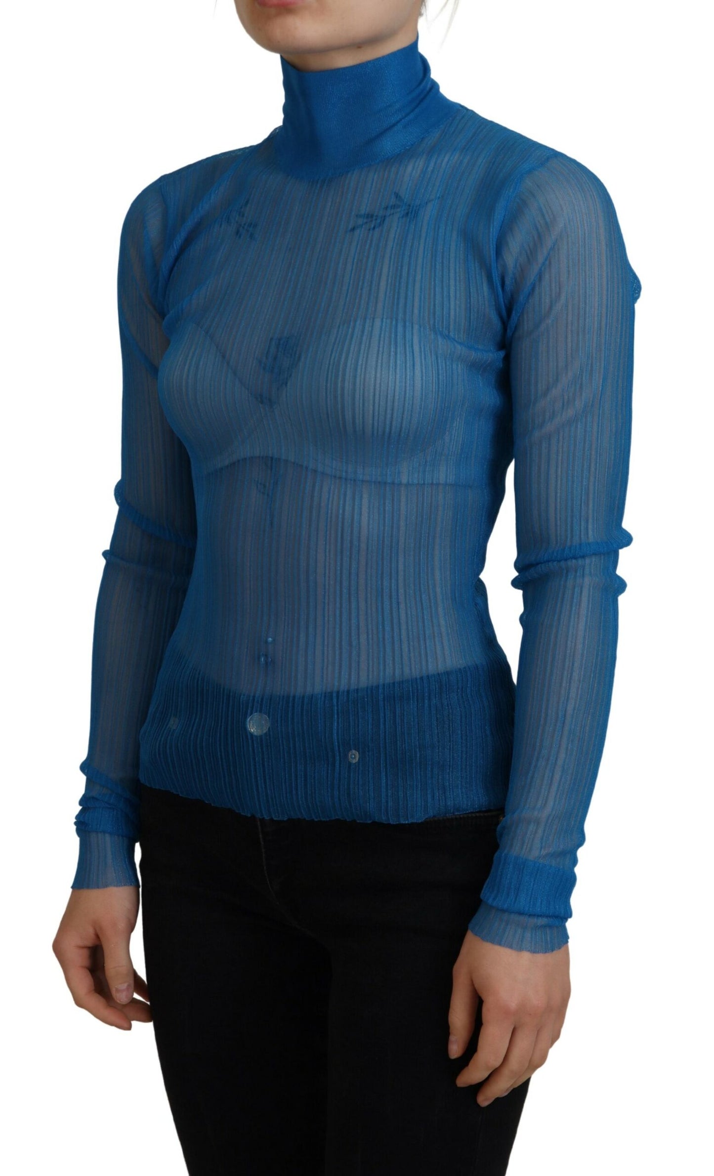 Dolce & Gabbana, blaues Rollkragen-Bluse-Oberteil aus Netzstoff mit langen Ärmeln