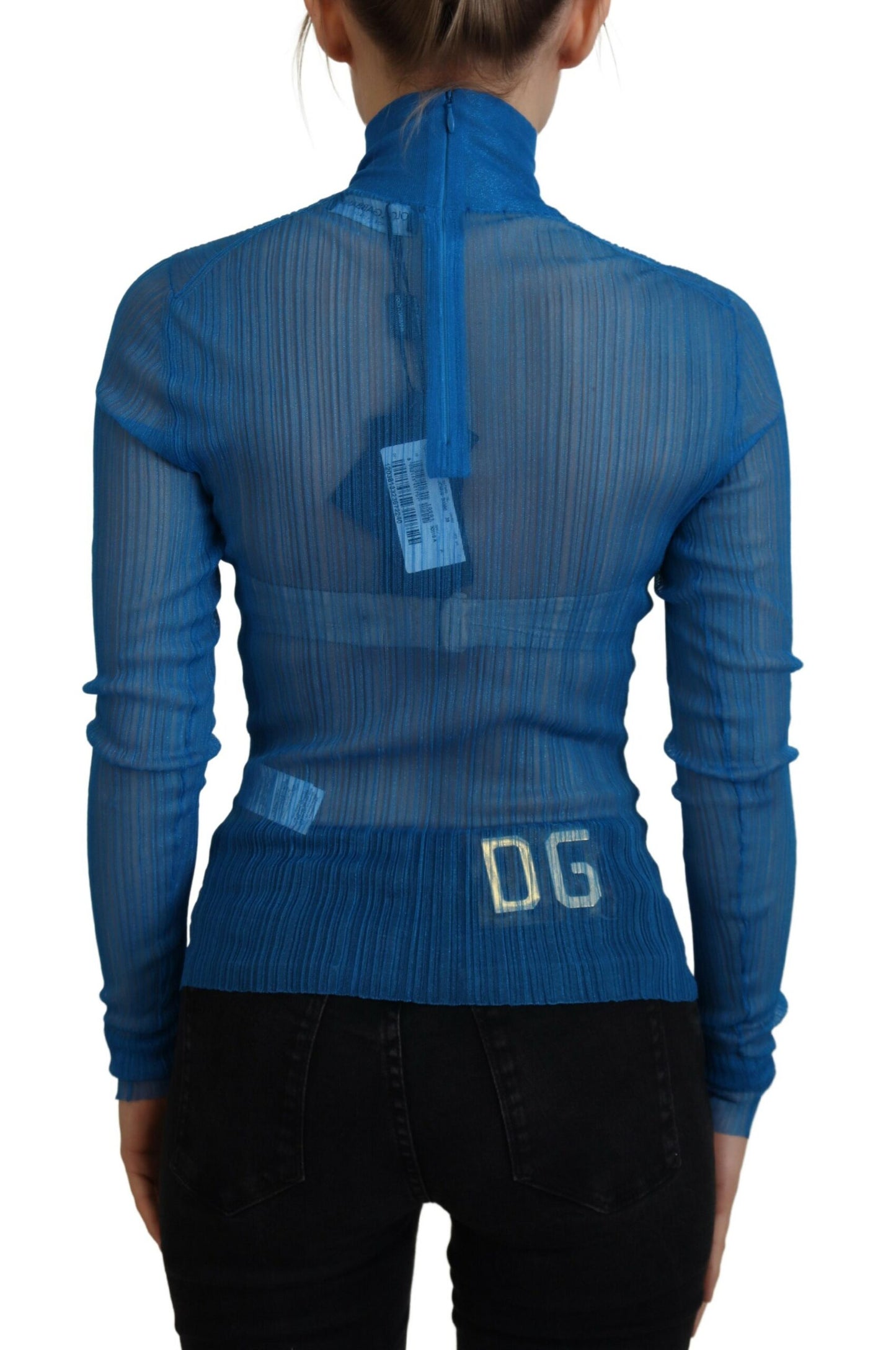 Dolce & Gabbana, blaues Rollkragen-Bluse-Oberteil aus Netzstoff mit langen Ärmeln