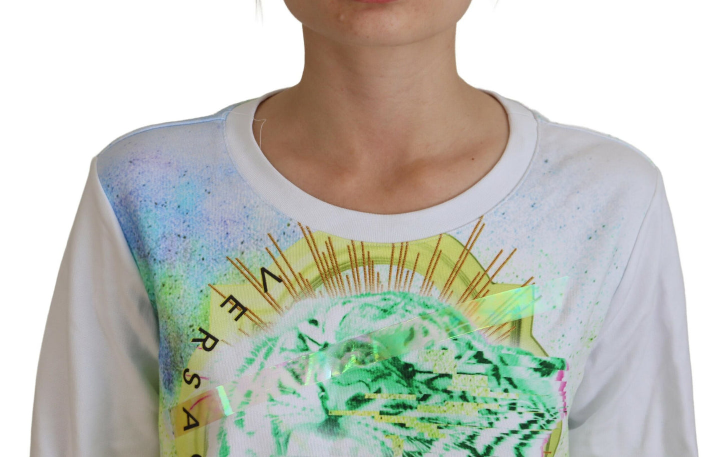 Versace Jeans – Weißer Pullover mit Grafikdruck und langen Ärmeln