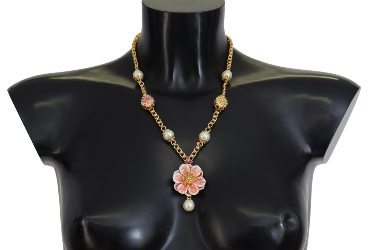 Dolce & Gabbana – Goldfarbene Halskette mit floralen Kristallen und rosa Verzierung