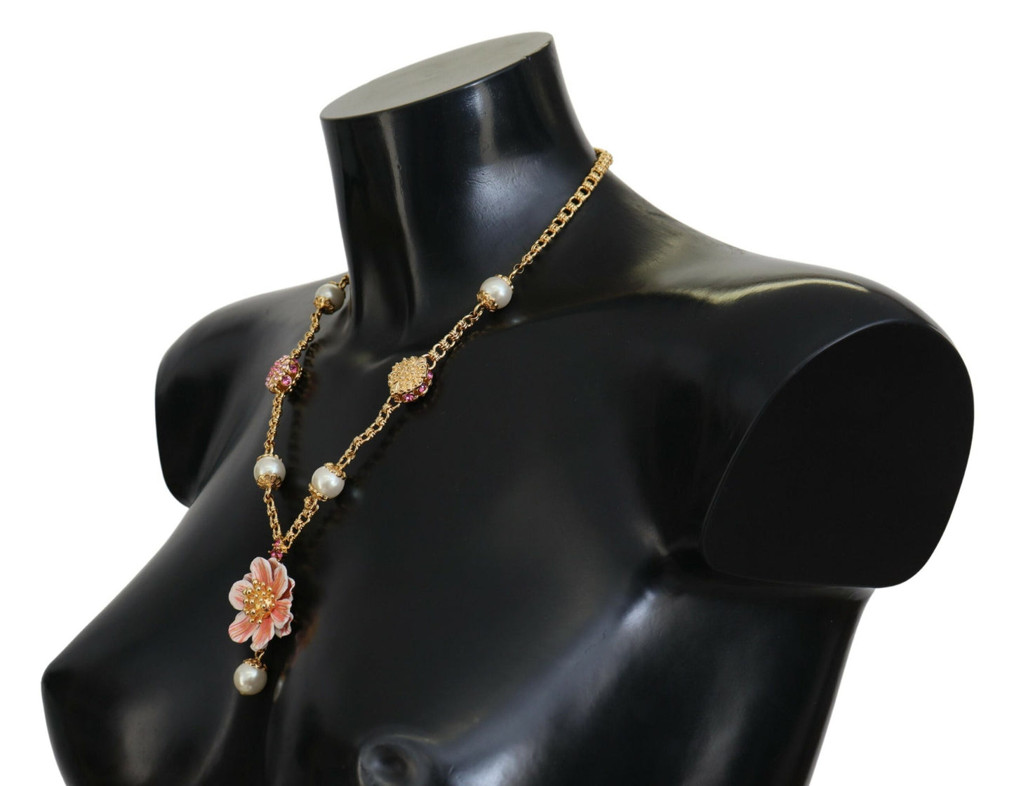 Dolce & Gabbana – Goldfarbene Halskette mit floralen Kristallen und rosa Verzierung