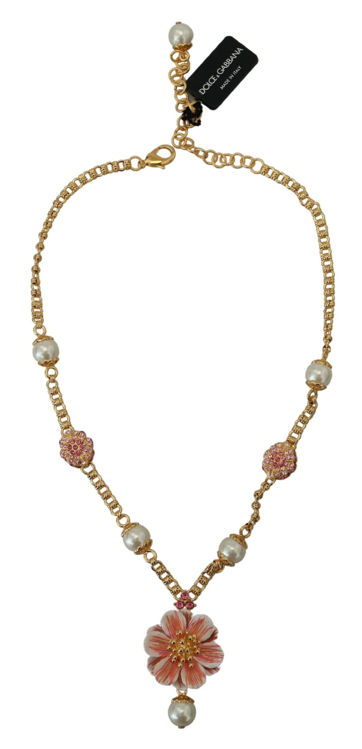 Dolce & Gabbana – Goldfarbene Halskette mit floralen Kristallen und rosa Verzierung