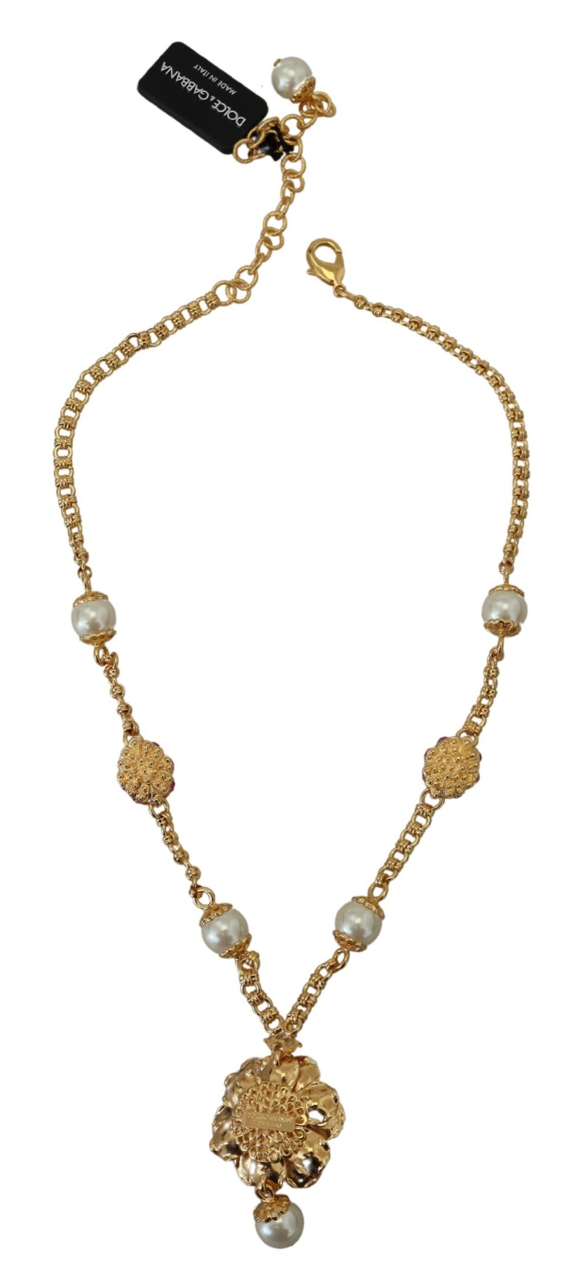 Dolce & Gabbana – Goldfarbene Halskette mit floralen Kristallen und rosa Verzierung