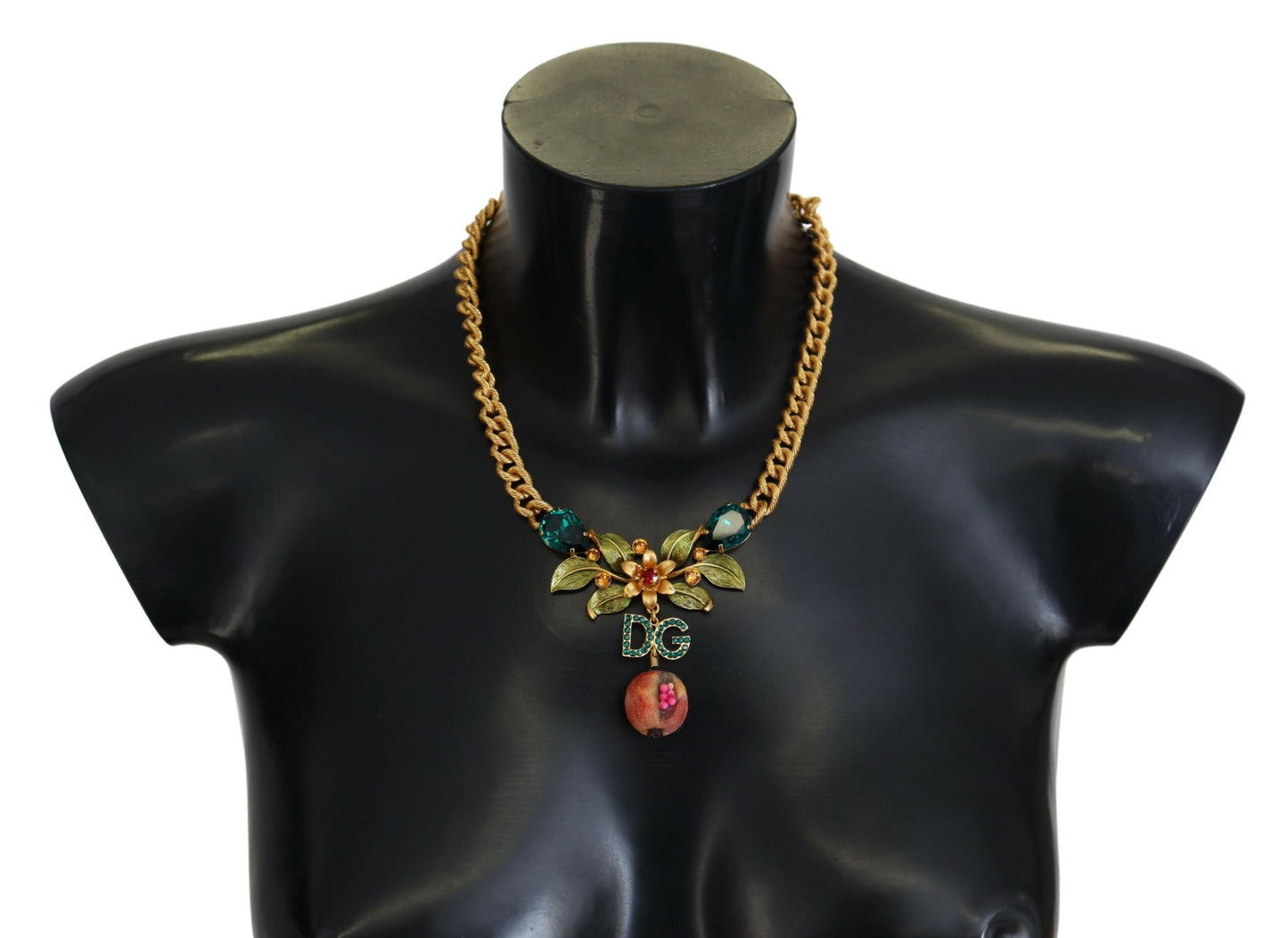 Dolce & Gabbana Statement-Halskette aus goldenem Messing mit Kristalllogo und Obst- und Blumenmuster