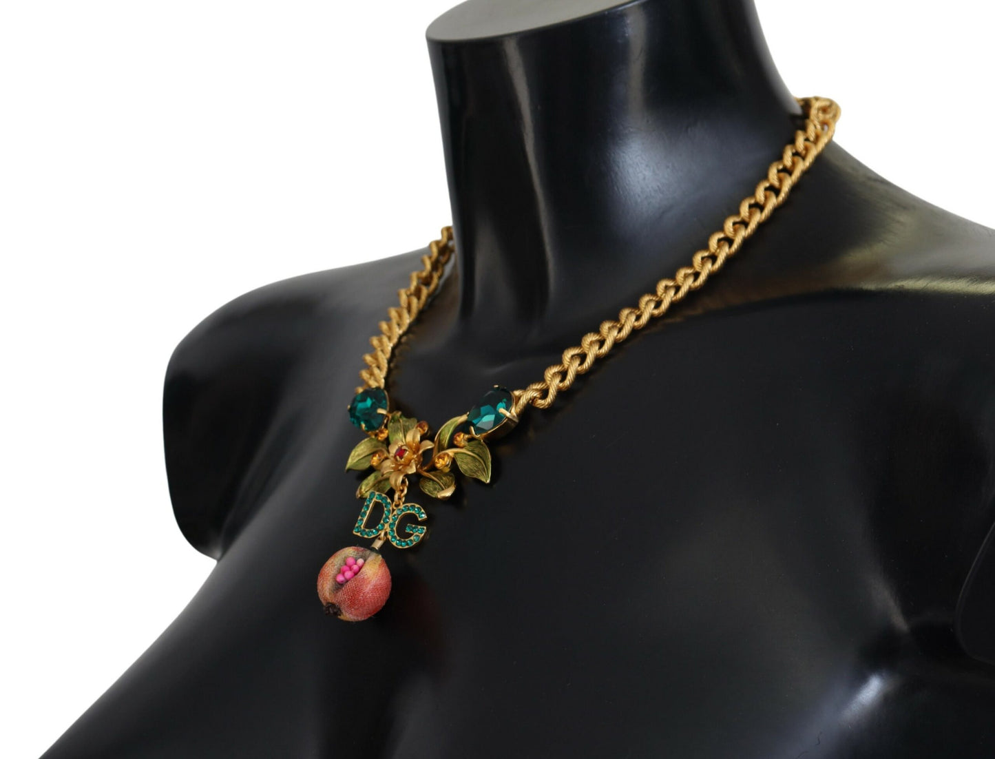 Dolce & Gabbana Statement-Halskette aus goldenem Messing mit Kristalllogo und Obst- und Blumenmuster