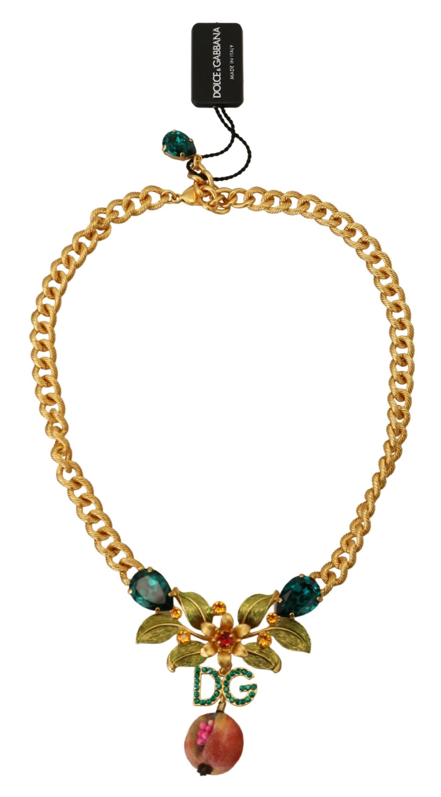 Dolce & Gabbana Statement-Halskette aus goldenem Messing mit Kristalllogo und Obst- und Blumenmuster
