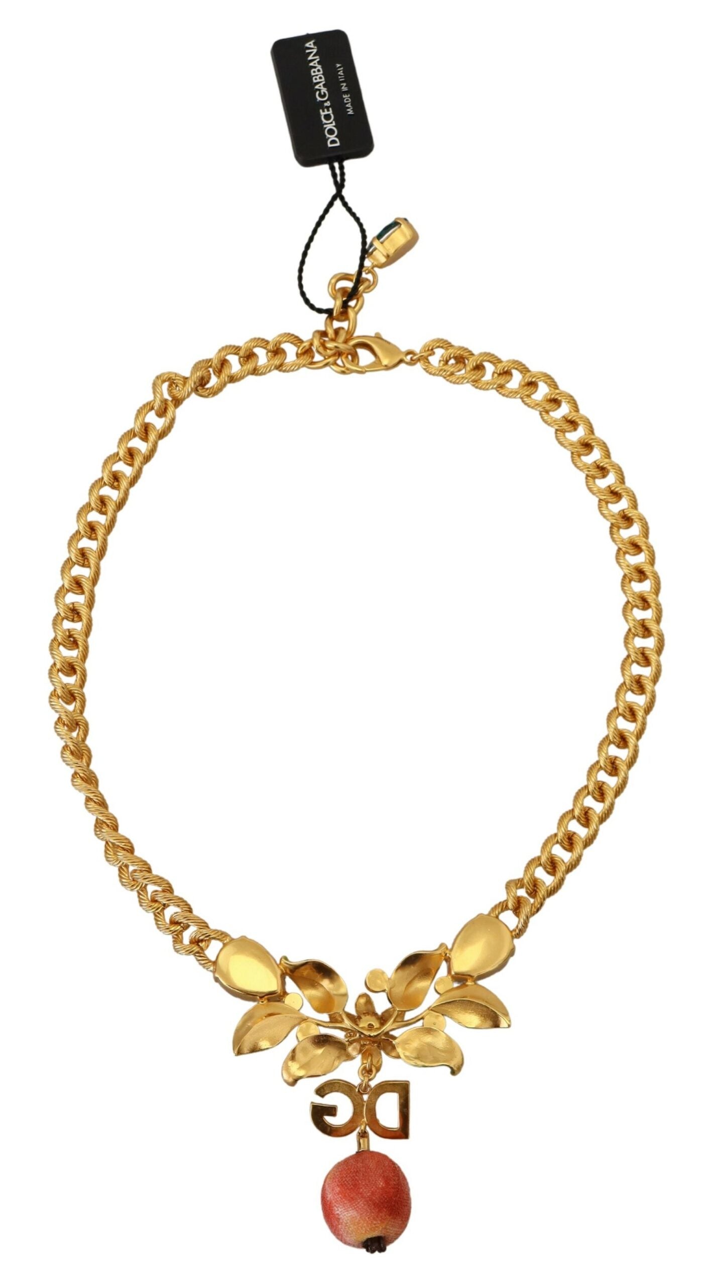 Dolce & Gabbana Statement-Halskette aus goldenem Messing mit Kristalllogo und Obst- und Blumenmuster