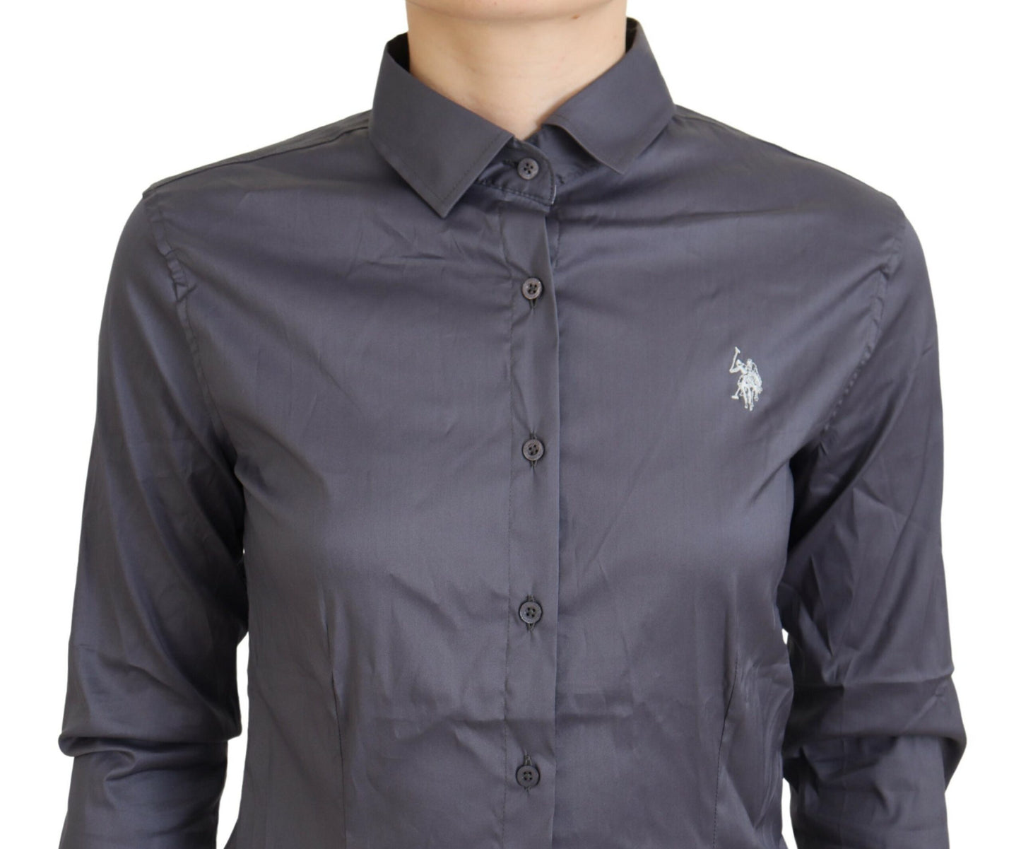 US POLO ASSN. Grau bedrucktes Langarm-Oberteil mit Kragen