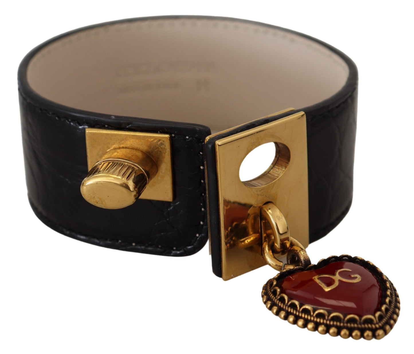Dolce & Gabbana Schwarzes Dauphine-Lederarmband mit DG-Herz-Schlüsselring
