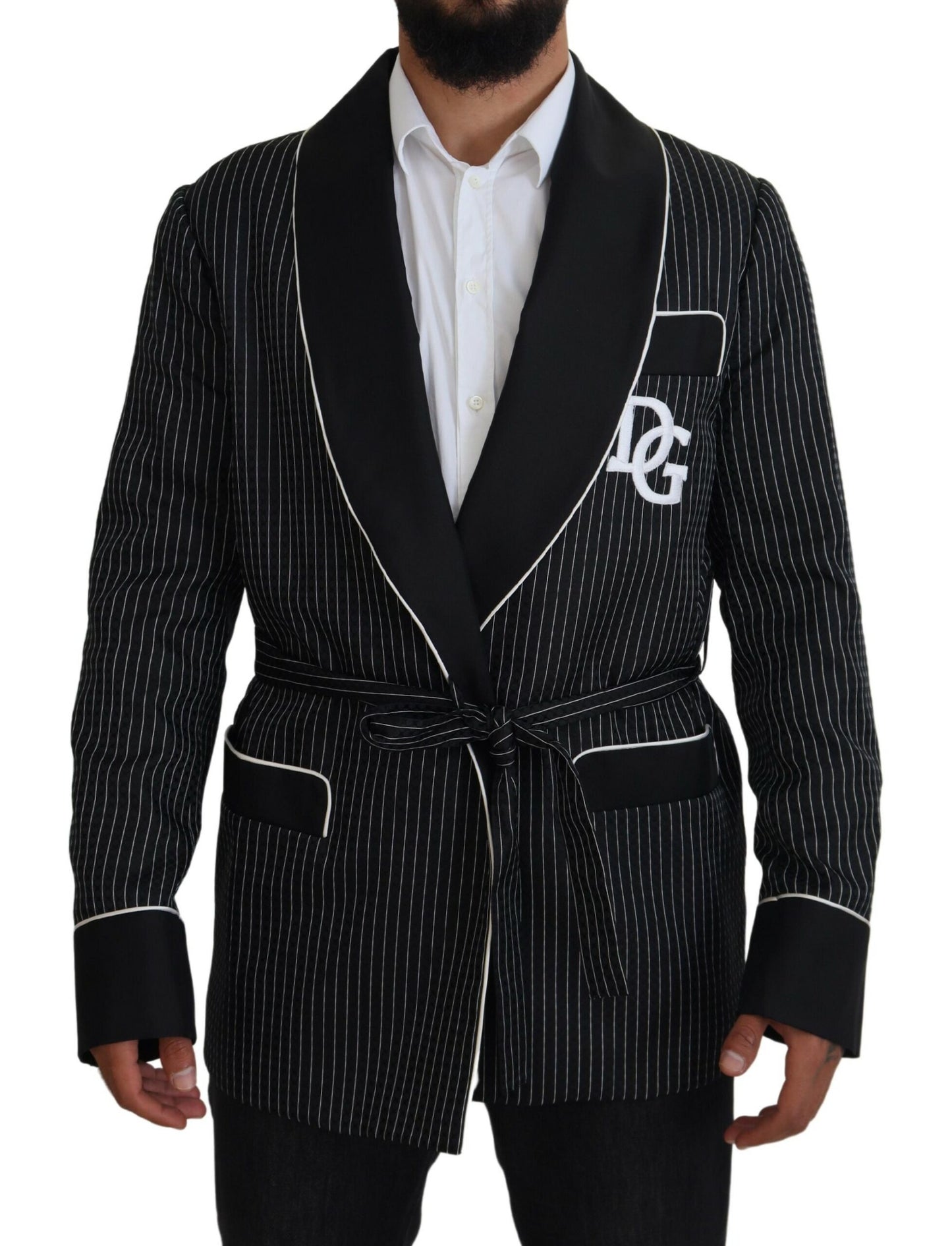 Dolce & Gabbana Schwarze Robe Gestreifte DG Patch Jacke Herren Blazer