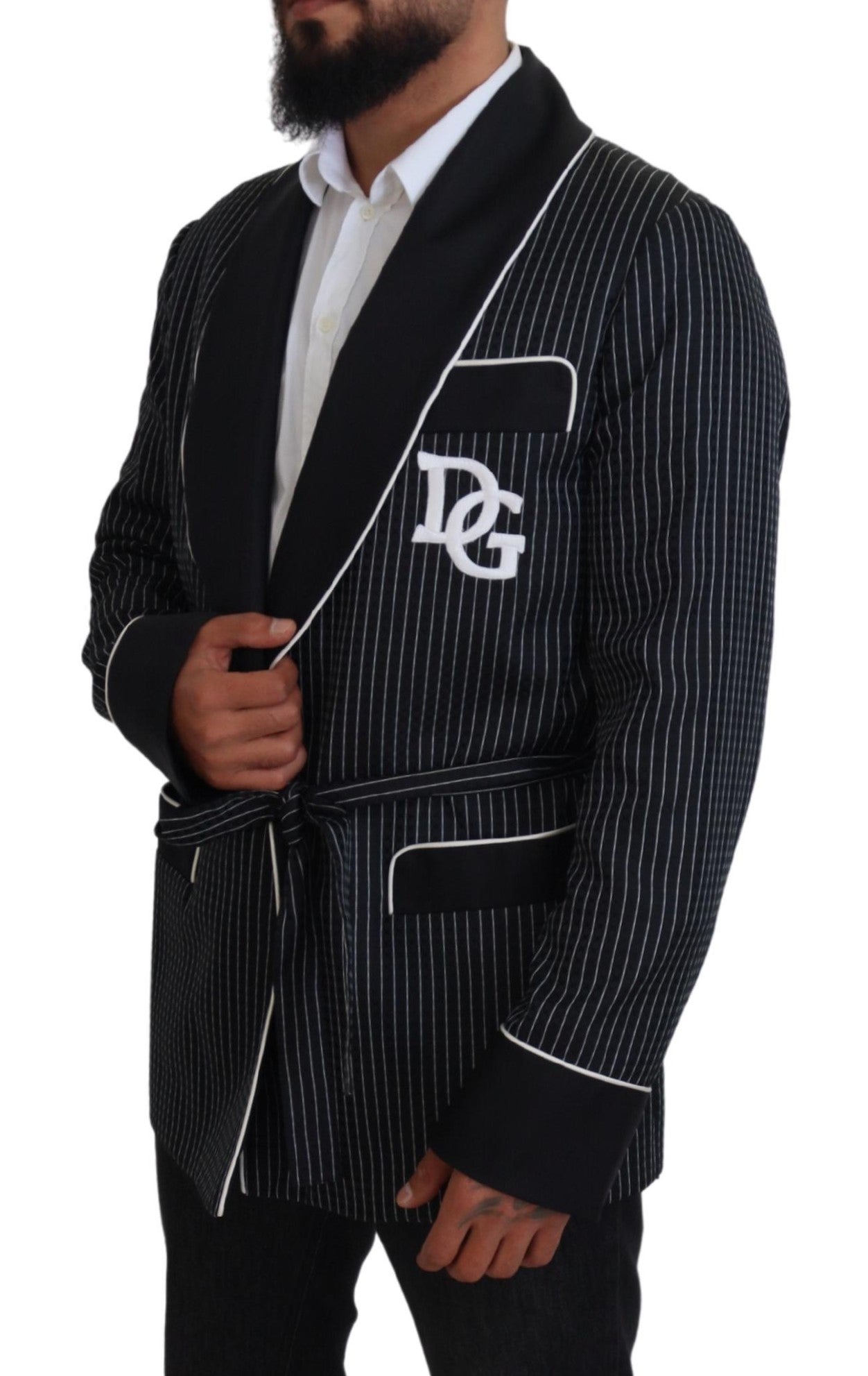 Dolce & Gabbana Schwarze Robe Gestreifte DG Patch Jacke Herren Blazer