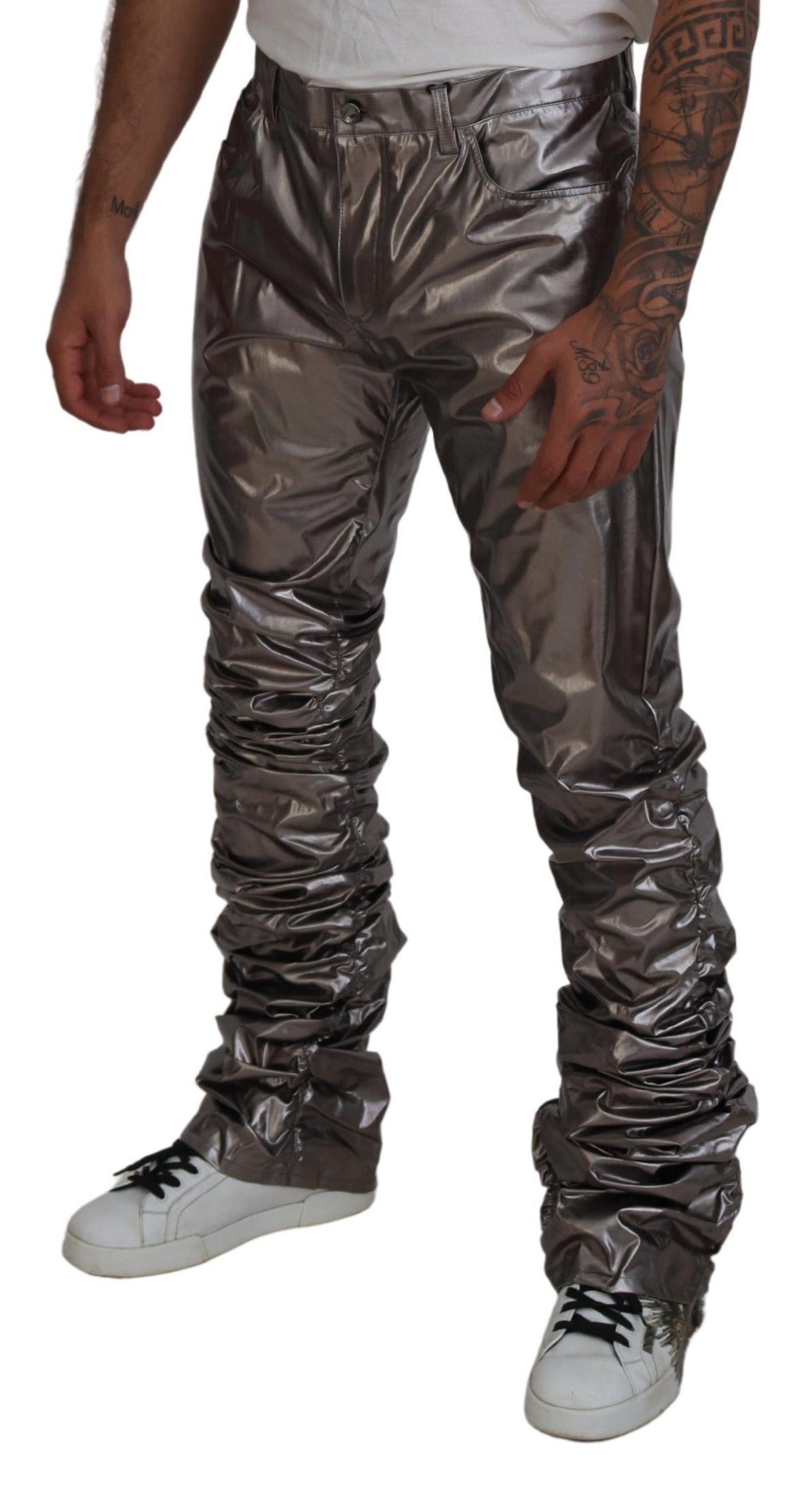 Dolce & Gabbana Silberne Metallic-Stretchhose aus Nylon