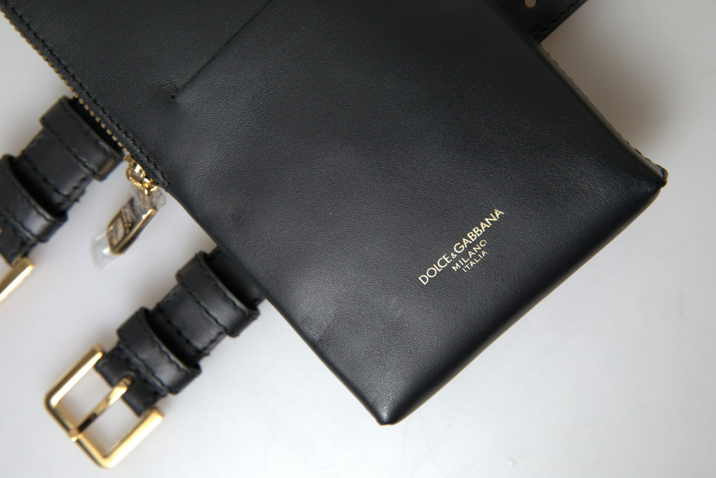 Dolce & Gabbana Schwarze Leder Herren Geldbörse Doppel Gürtel Riemen Armband Tasche