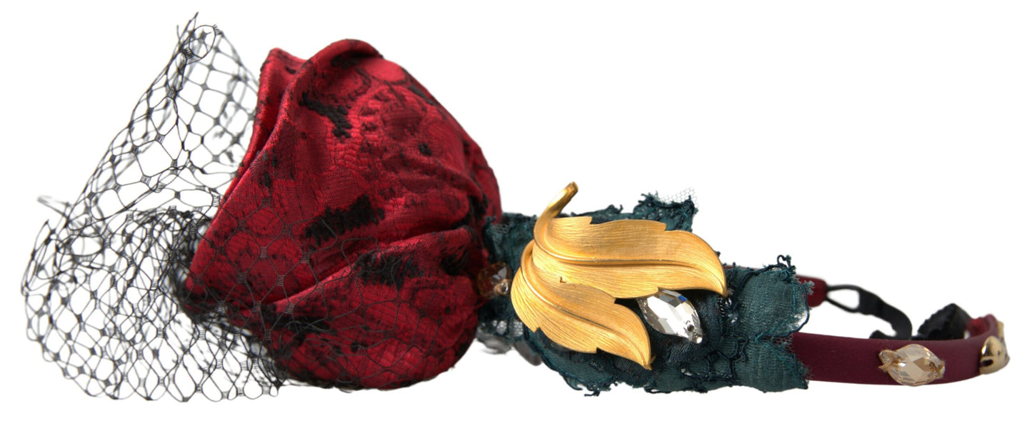 Dolce & Gabbana Rotes Haarband mit mehrfarbigem Rosen-Seidenkristall-Netzlogo-Diadem