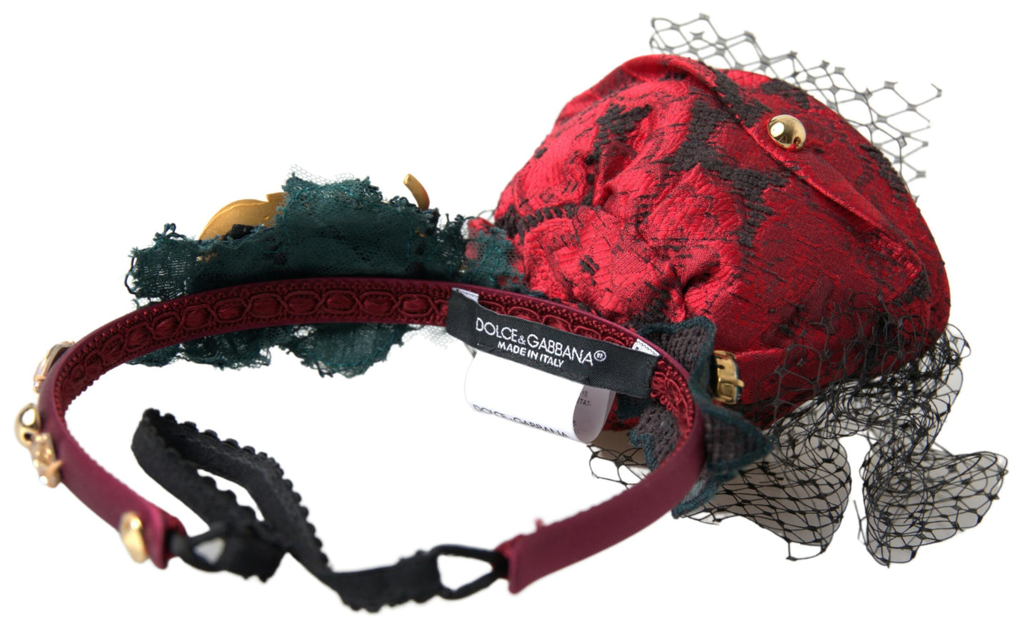 Dolce & Gabbana Rotes Haarband mit mehrfarbigem Rosen-Seidenkristall-Netzlogo-Diadem