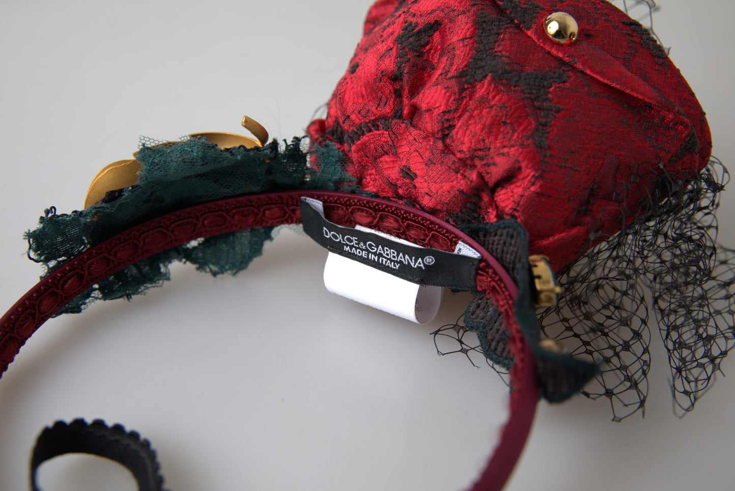 Dolce & Gabbana Rotes Haarband mit mehrfarbigem Rosen-Seidenkristall-Netzlogo-Diadem