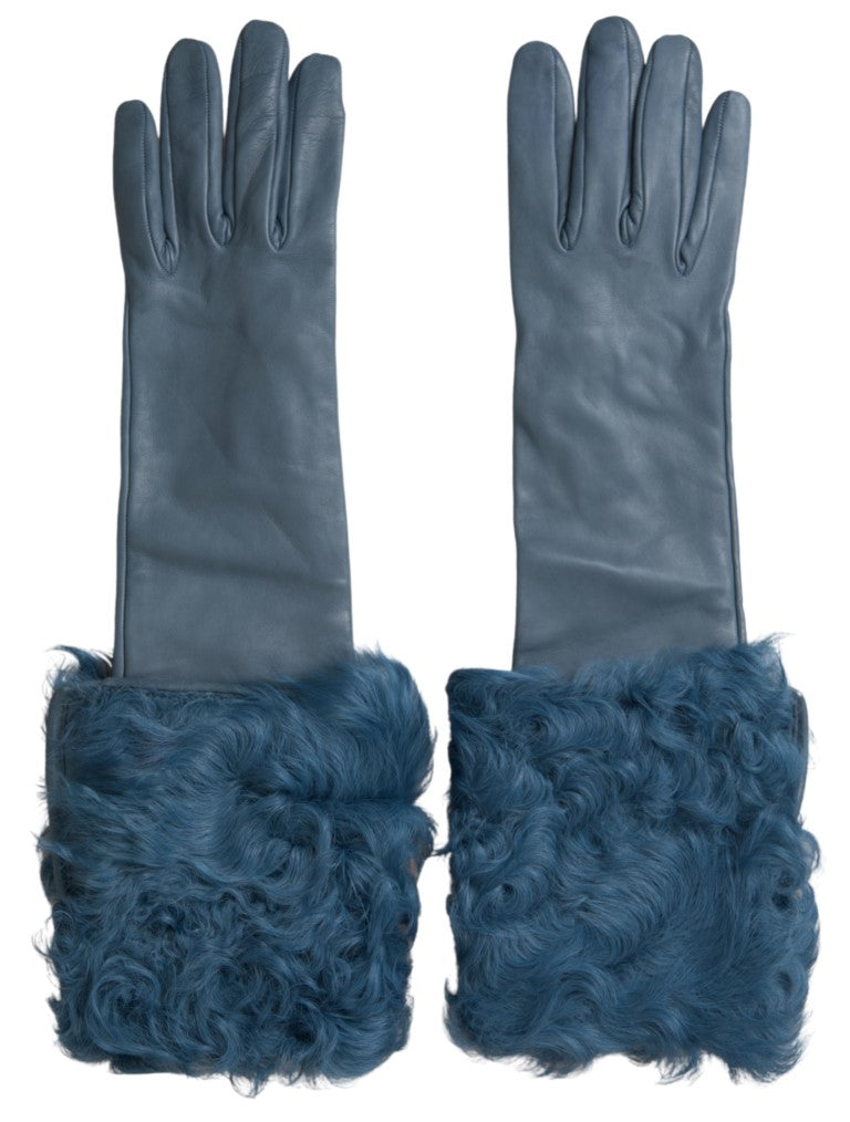 Dolce & Gabbana, blaue Lederpelzhandschuhe in Mittellänge