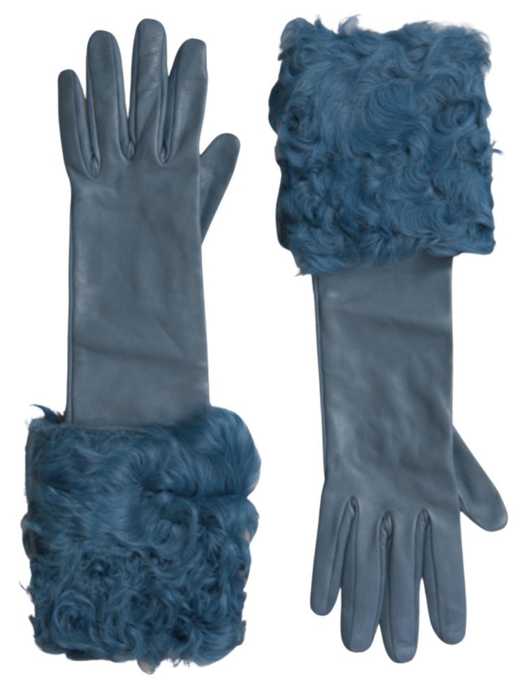 Dolce & Gabbana, blaue Lederpelzhandschuhe in Mittellänge