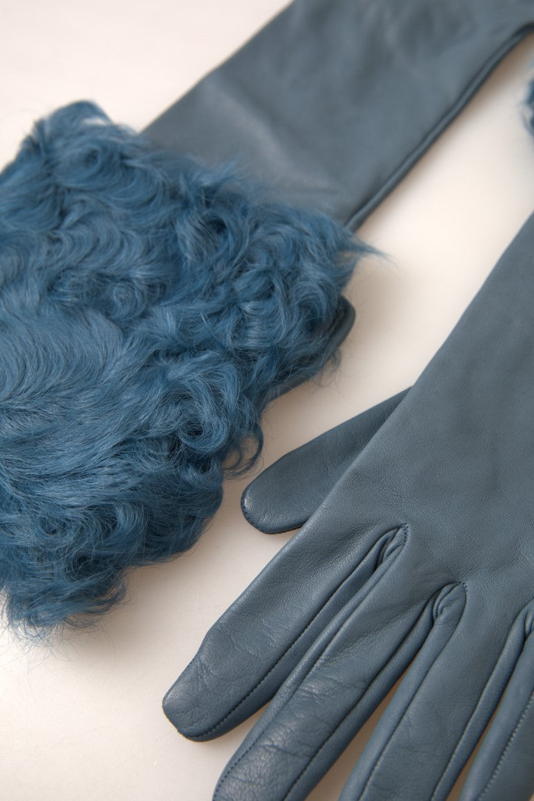 Dolce & Gabbana, blaue Lederpelzhandschuhe in Mittellänge