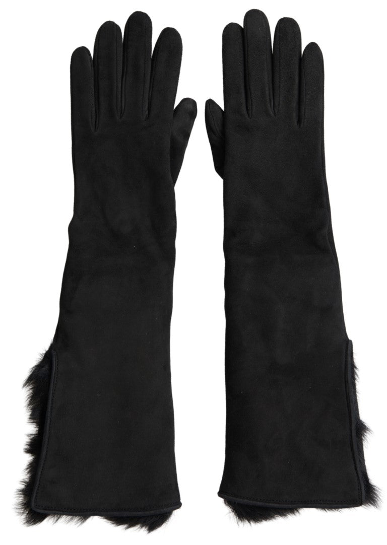 Dolce & Gabbana – Schwarze, ellenbogenlange Handschuhe aus Leder und Pelz