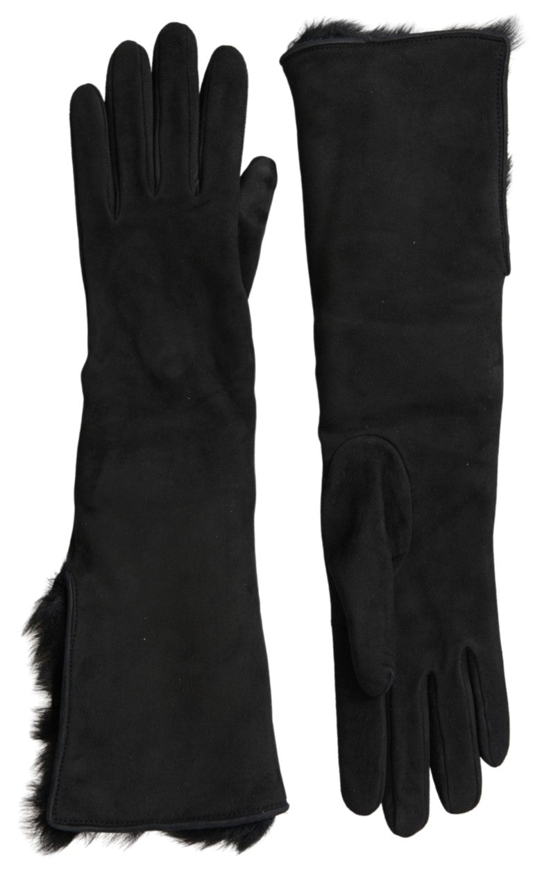 Dolce & Gabbana – Schwarze, ellenbogenlange Handschuhe aus Leder und Pelz