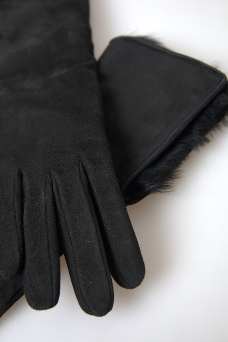 Dolce & Gabbana – Schwarze, ellenbogenlange Handschuhe aus Leder und Pelz