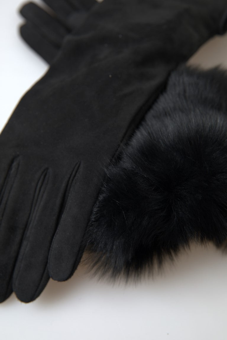 Dolce & Gabbana – Schwarze, ellenbogenlange Handschuhe aus Leder und Pelz