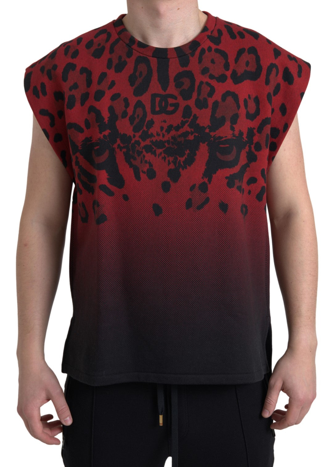 Dolce & Gabbana – Ärmelloses Tank-T-Shirt aus Baumwolle mit rotem Leopardenmuster