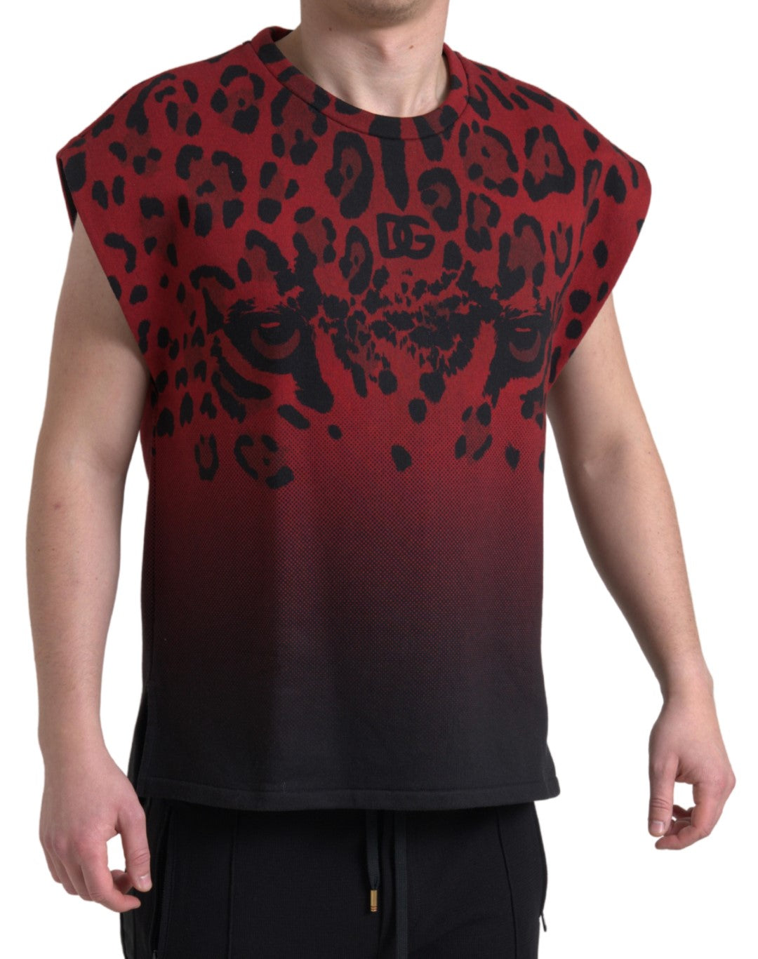 Dolce & Gabbana – Ärmelloses Tank-T-Shirt aus Baumwolle mit rotem Leopardenmuster