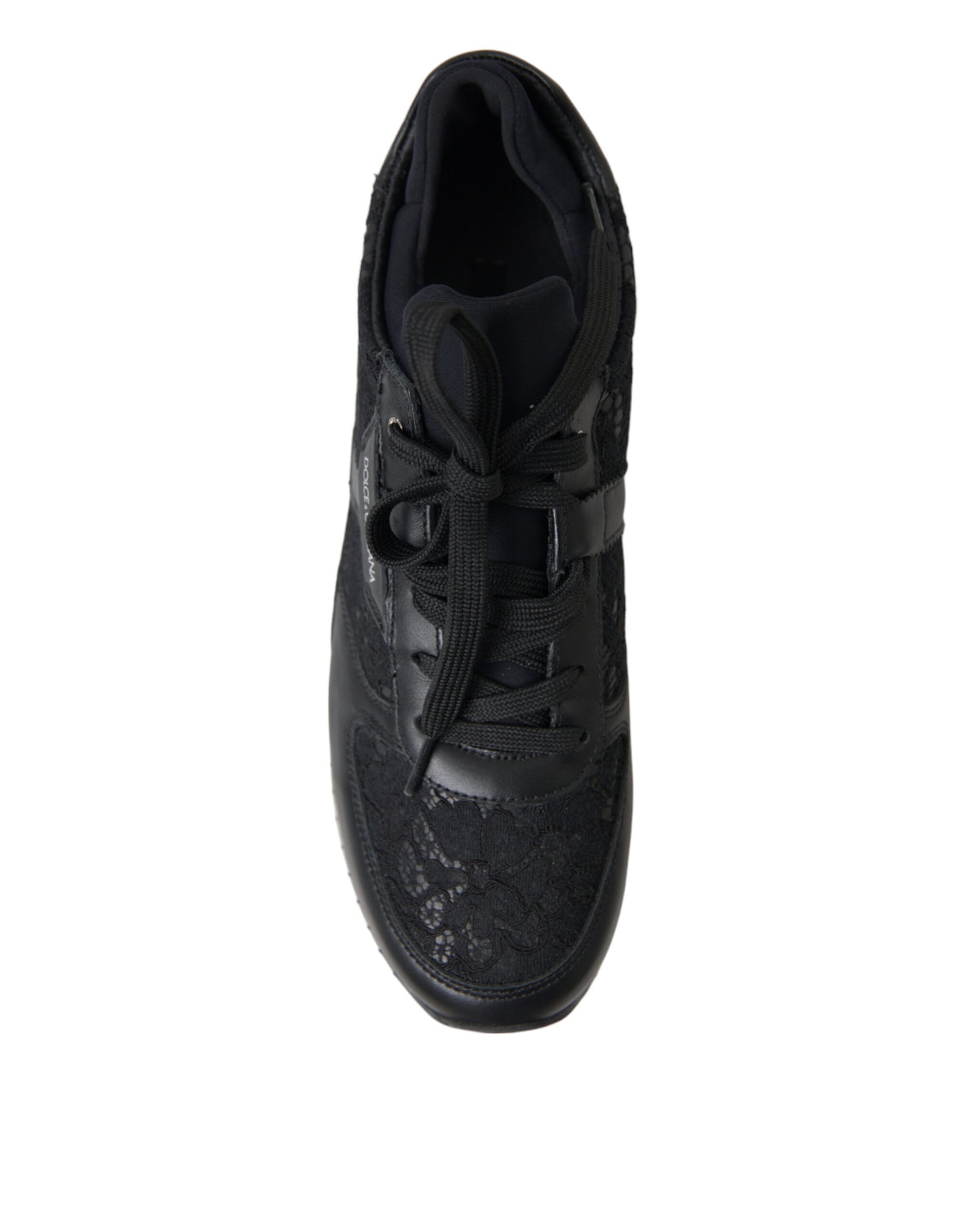 Dolce & Gabbana Schwarze Sneakers aus Leder mit Blumenspitze