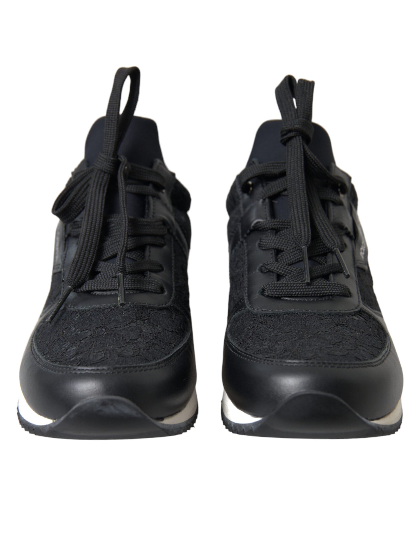 Dolce & Gabbana Schwarze Sneakers aus Leder mit Blumenspitze