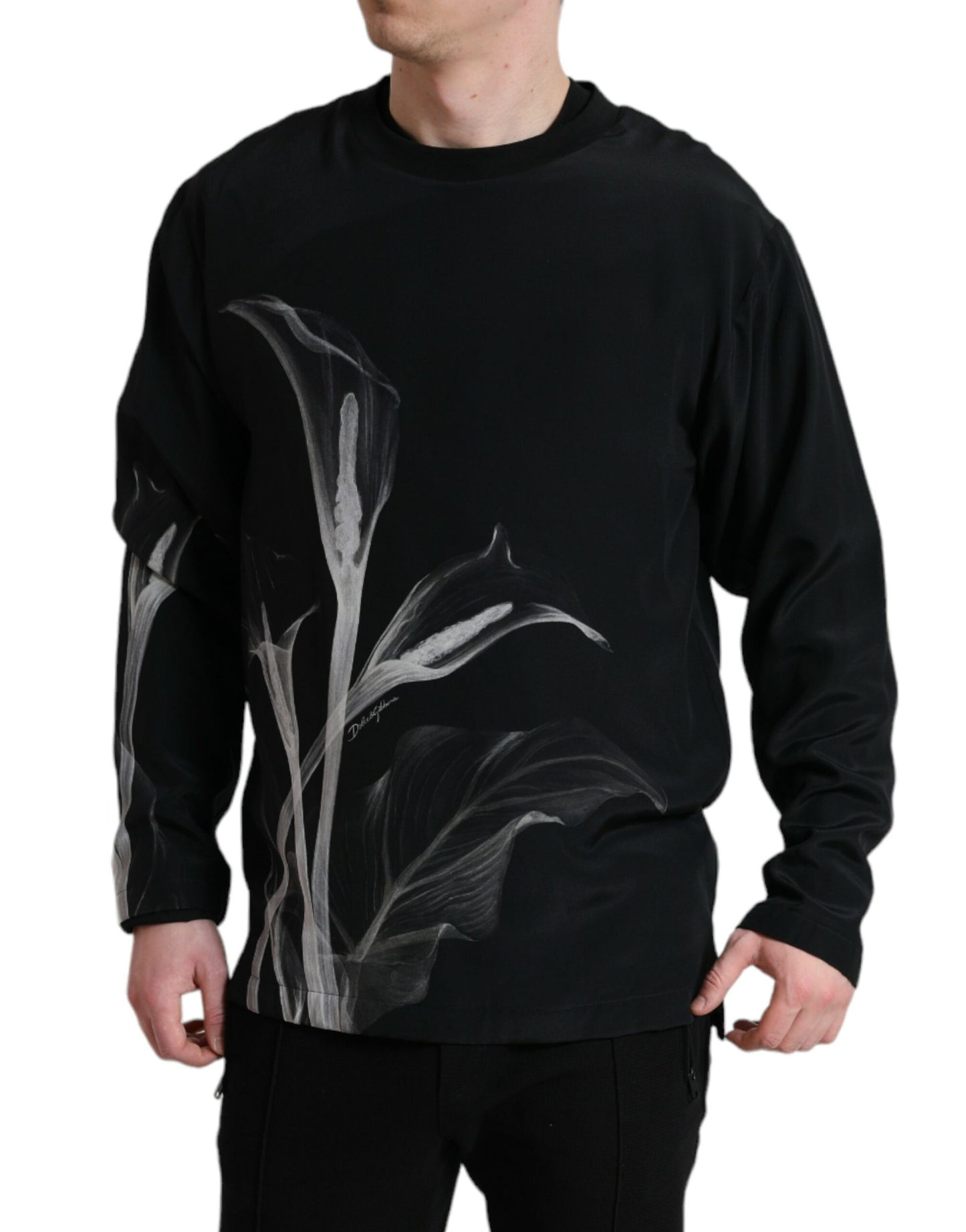 Dolce & Gabbana – Schwarzer Pullover mit Rundhalsausschnitt und Blumenmuster