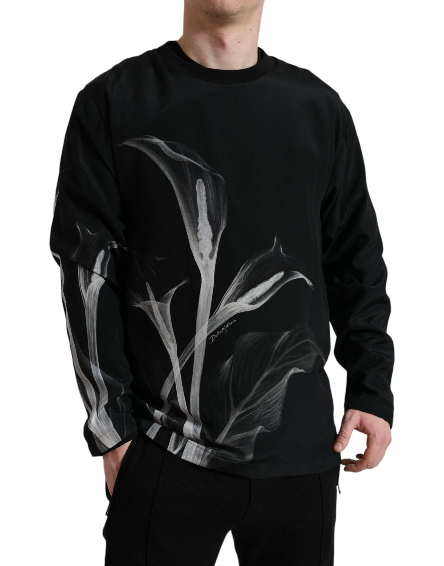 Dolce & Gabbana – Schwarzer Pullover mit Rundhalsausschnitt und Blumenmuster