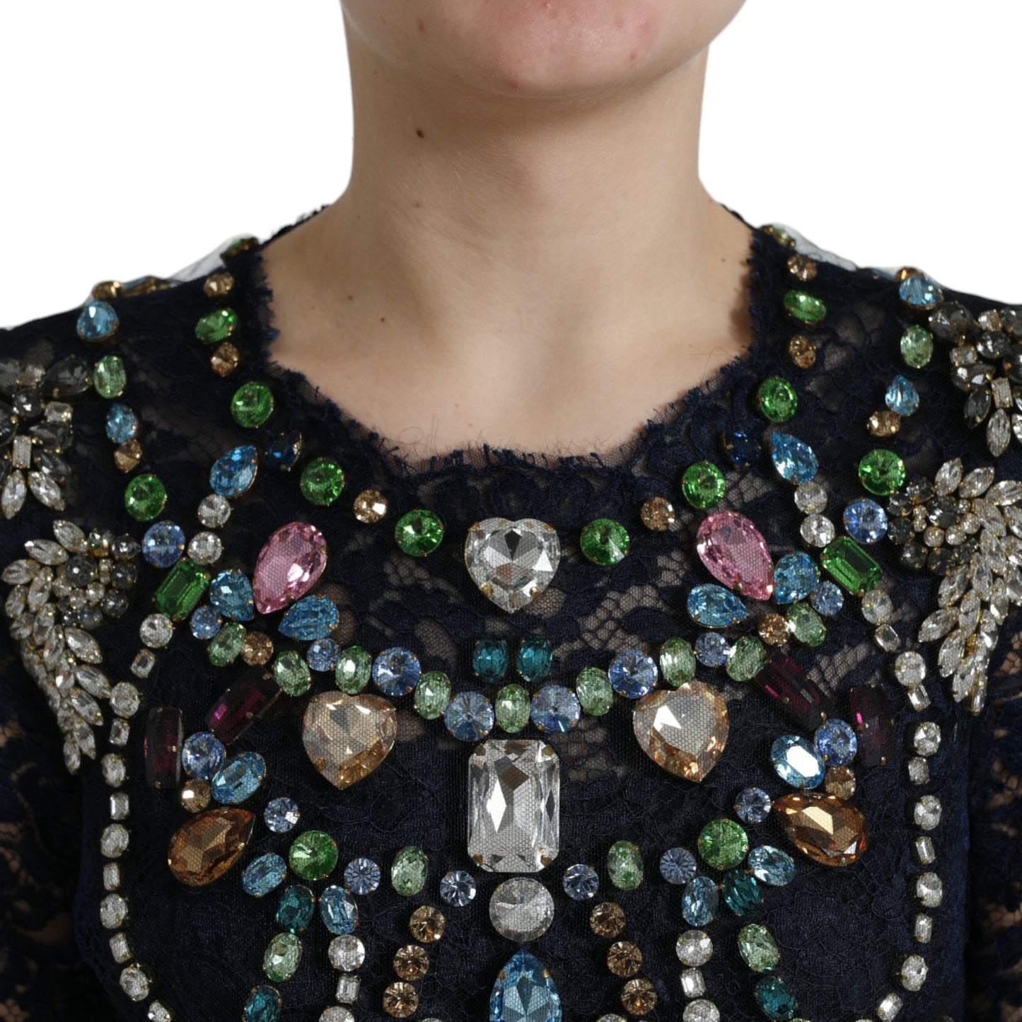 Dolce & Gabbana – Langes Kleid aus blauer, geblümter Spitze mit Kristallen