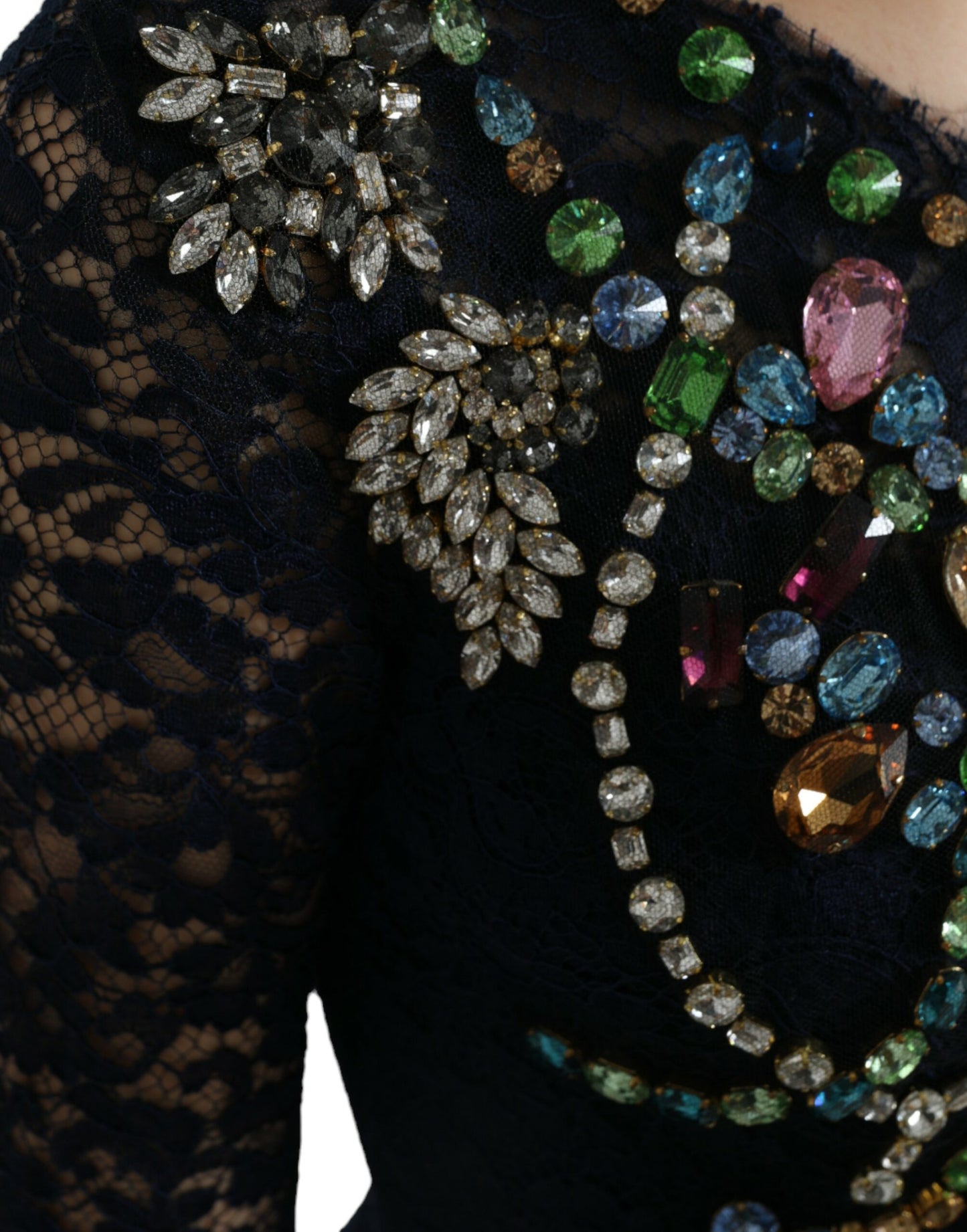 Dolce & Gabbana – Langes Kleid aus blauer, geblümter Spitze mit Kristallen