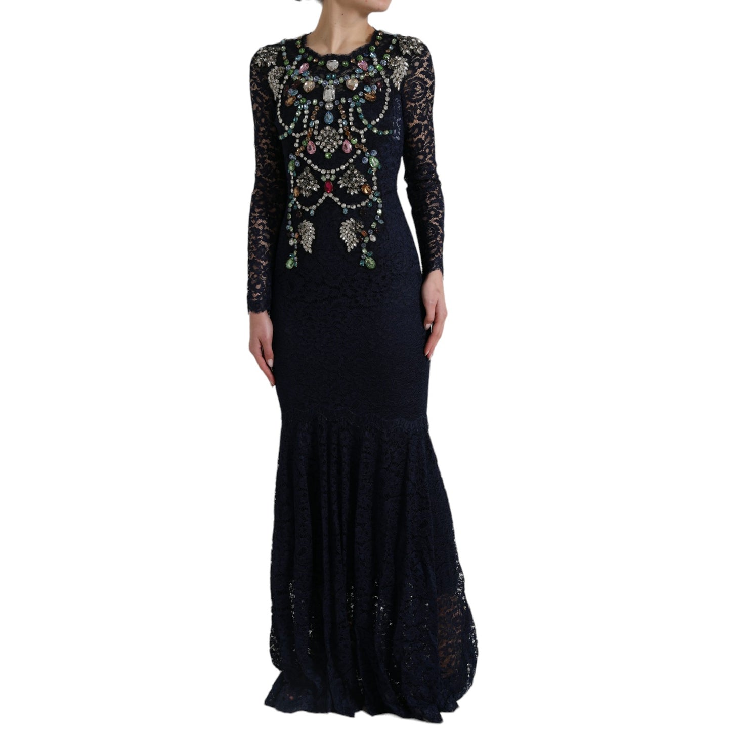 Dolce & Gabbana – Langes Kleid aus blauer, geblümter Spitze mit Kristallen