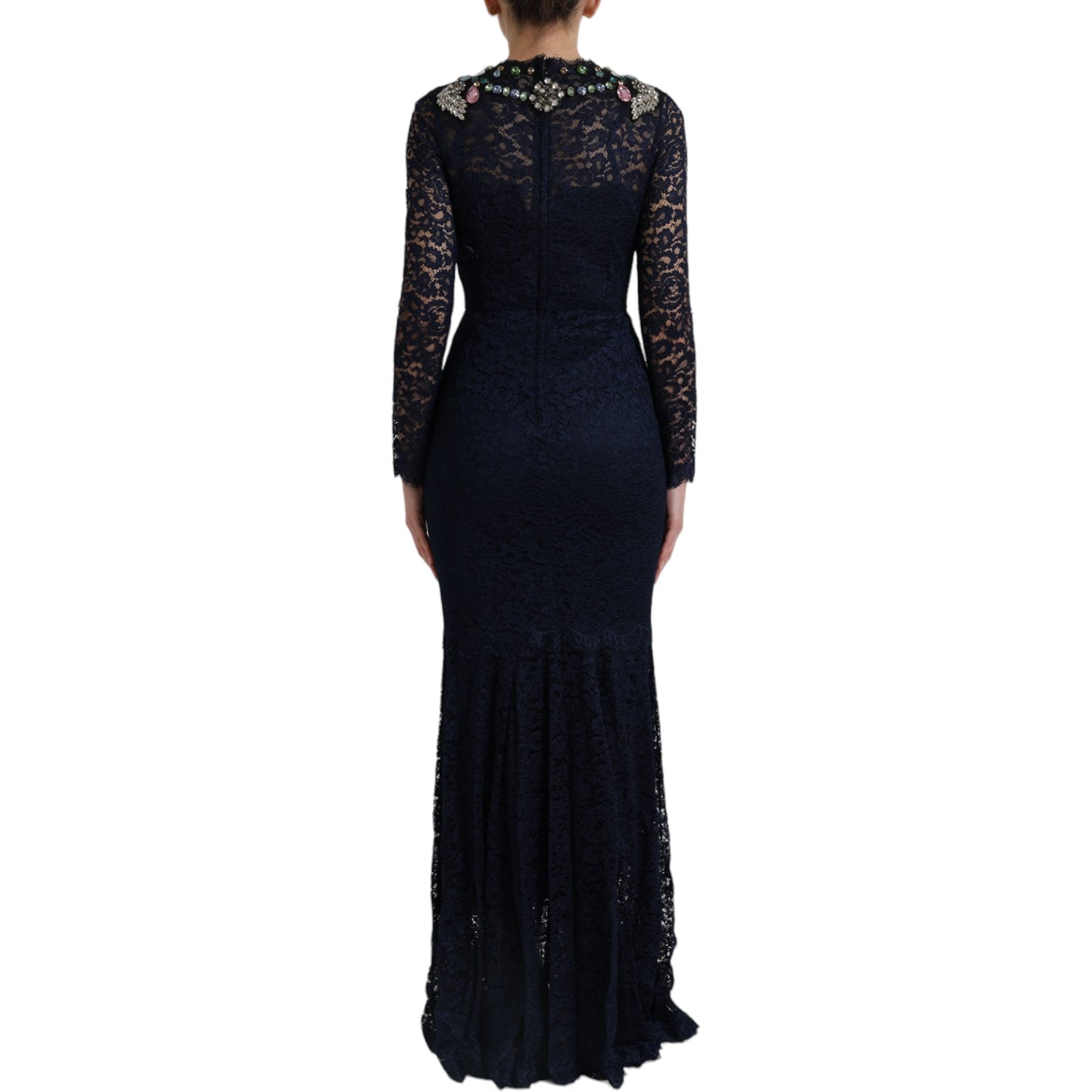 Dolce & Gabbana – Langes Kleid aus blauer, geblümter Spitze mit Kristallen