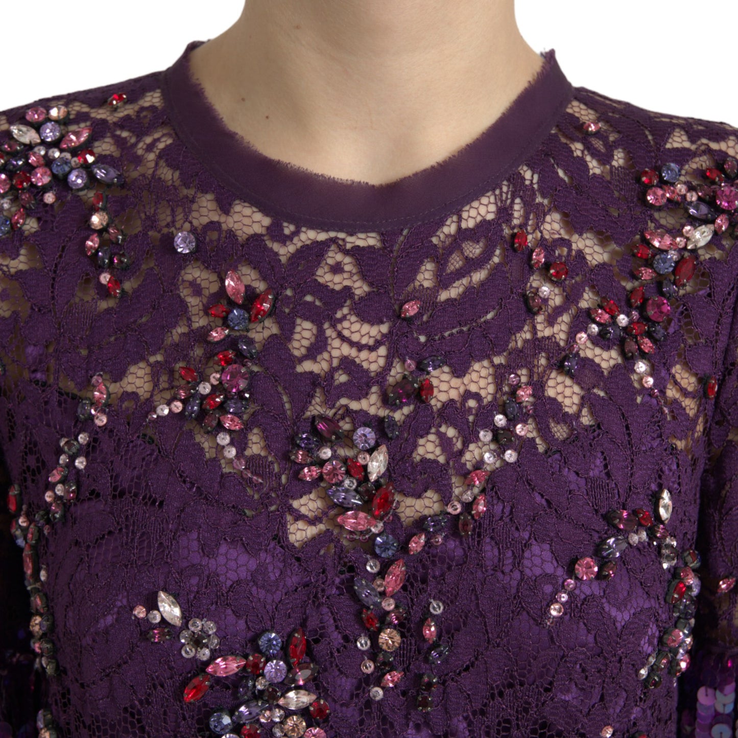 Dolce & Gabbana Lila Kleid aus floraler Spitze mit Kristallen