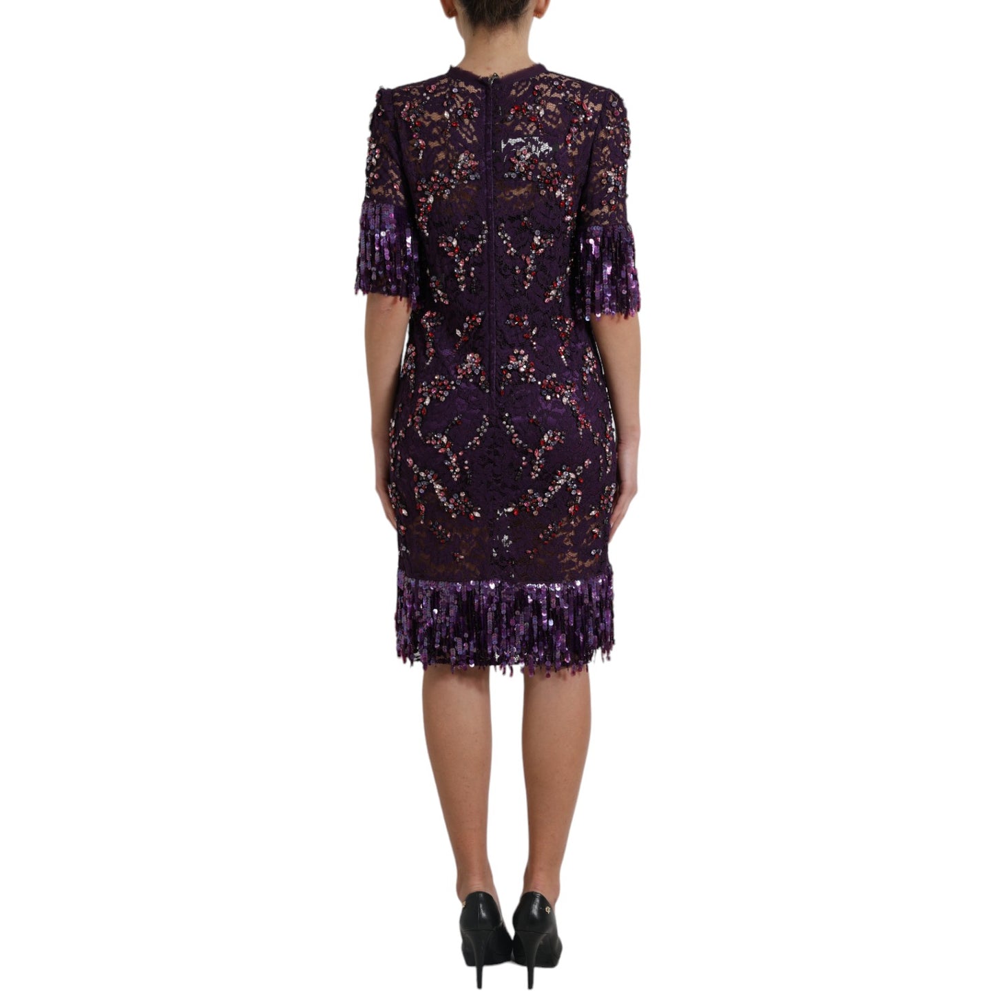 Dolce & Gabbana Lila Kleid aus floraler Spitze mit Kristallen