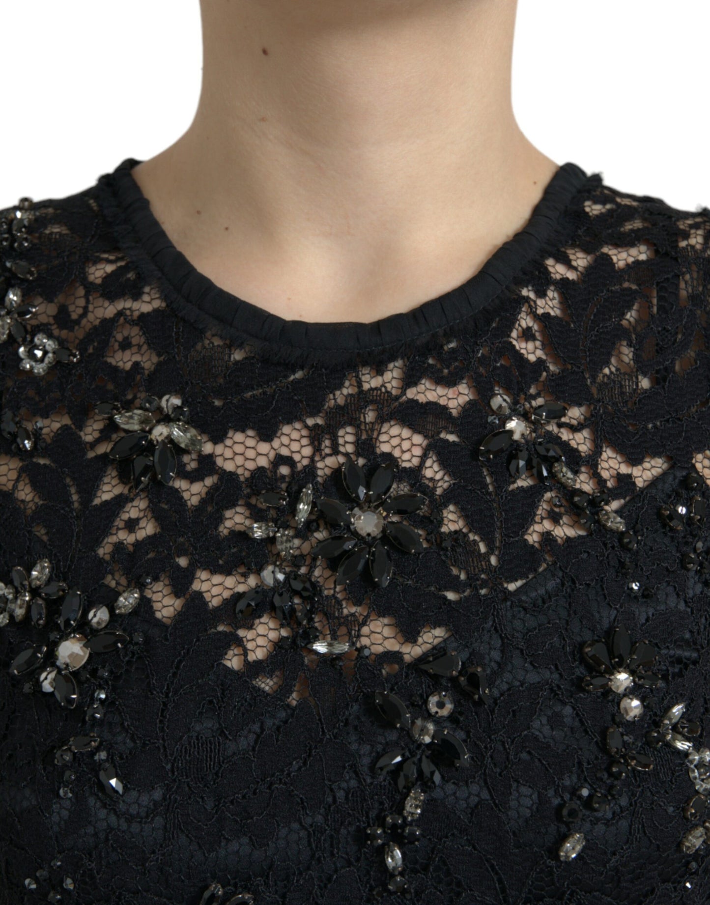 Dolce & Gabbana – Schwarzes Etuikleid aus floraler Spitze mit Kristallen