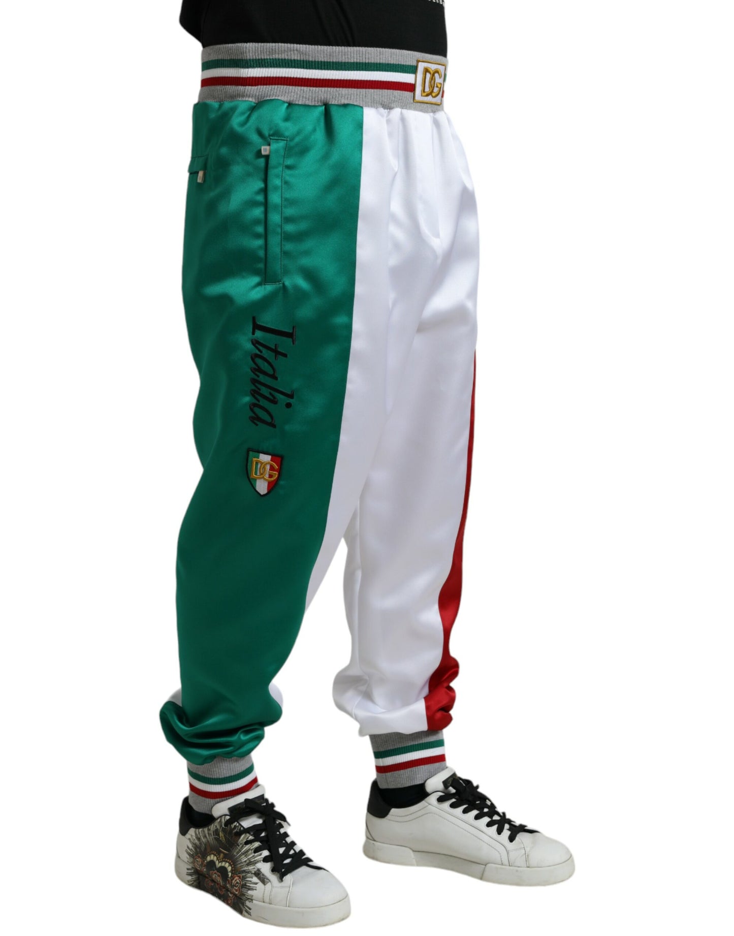 Dolce & Gabbana – Schmale Jogginghose mit mehrfarbigem italienischen Patch
